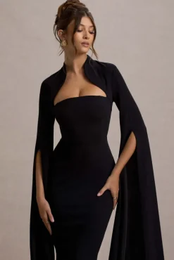 Linden | Black Bodycon Cape-Sleeve Midi Dress
