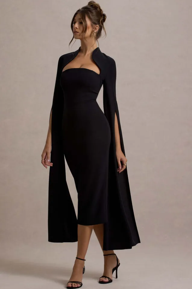 Linden | Black Bodycon Cape-Sleeve Midi Dress