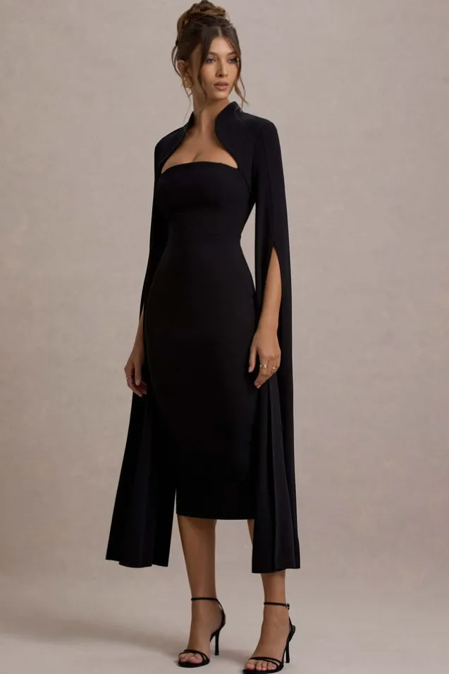 Linden | Black Bodycon Cape-Sleeve Midi Dress