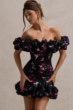 Lindo | Black Ditsy Floral Print Ruffled Bardot Mini Dress