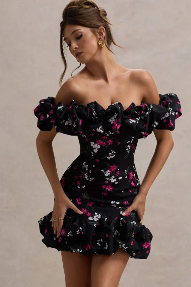 Lindo | Black Ditsy Floral Print Ruffled Bardot Mini Dress