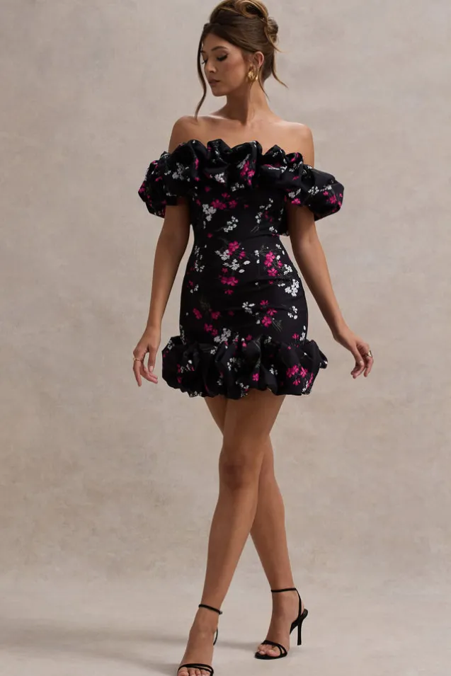 Lindo | Black Ditsy Floral Print Ruffled Bardot Mini Dress