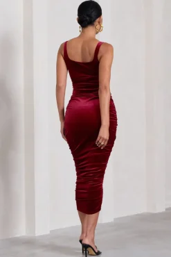 Lisbon | Berry Velvet Maternity Square Neck Ruched Midi Dress