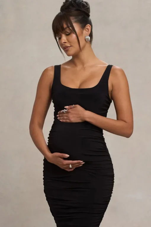 Lisbon | Black Maternity Square Neck Ruched Midi Dress