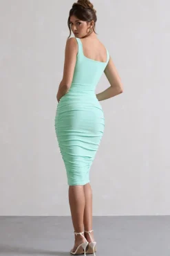Lisbon | Iced Green Square Neck Ruched Midi Dress