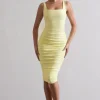 Lisbon | Lemon Square Neck Ruched Midi Dress