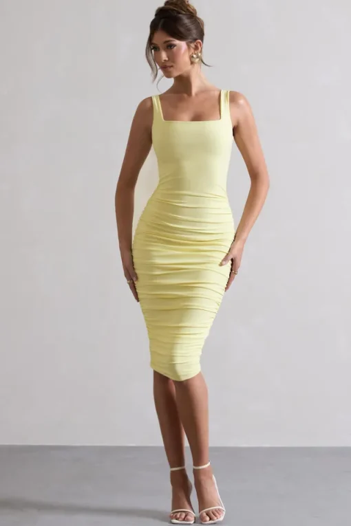 Lisbon | Lemon Square Neck Ruched Midi Dress