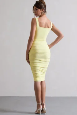 Lisbon | Lemon Square Neck Ruched Midi Dress