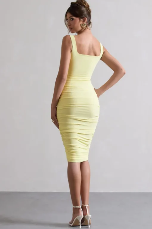 Lisbon | Lemon Square Neck Ruched Midi Dress