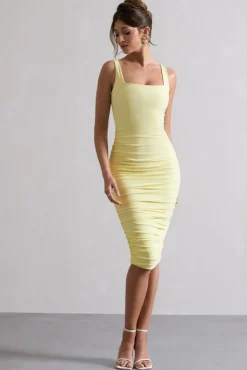 Lisbon | Lemon Square Neck Ruched Midi Dress