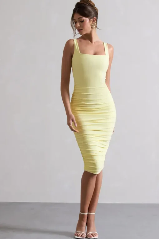 Lisbon | Lemon Square Neck Ruched Midi Dress