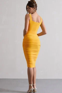 Lisbon | Mango Square Neck Ruched Midi Dress