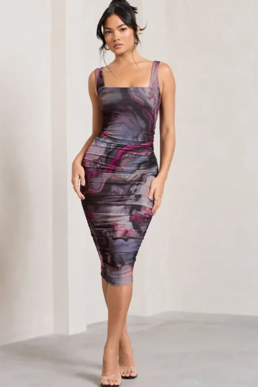 Lisbon | Marble Blue Print Square Neck Ruched Midi Dress