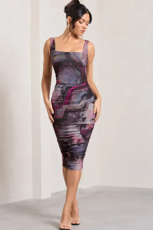 Lisbon | Marble Blue Print Square Neck Ruched Midi Dress