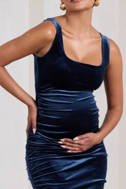 Lisbon | Navy Velvet Maternity Square Neck Ruched Midi Dress
