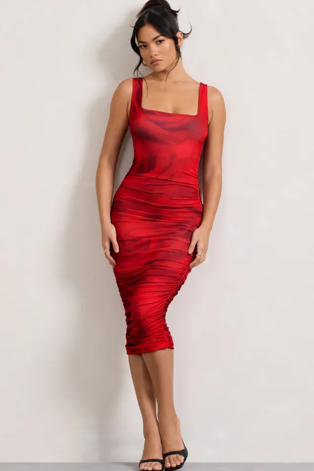 Lisbon | Red Rose Print Square Neck Ruched Midi Dress