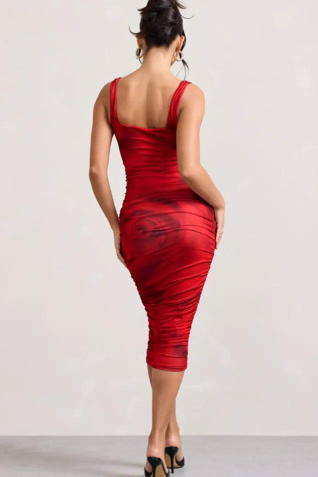 Lisbon | Red Rose Print Square Neck Ruched Midi Dress