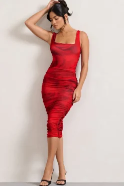 Lisbon | Red Rose Print Square Neck Ruched Midi Dress