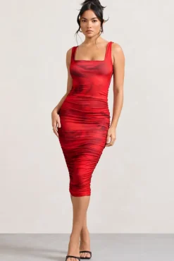 Lisbon | Red Rose Print Square Neck Ruched Midi Dress