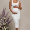 Lisbon | White Maternity Square Neck Ruched Midi Dress