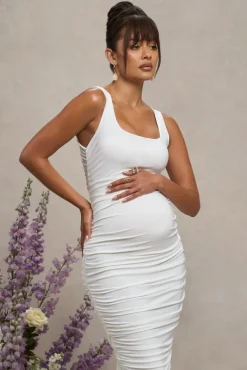 Lisbon | White Maternity Square Neck Ruched Midi Dress