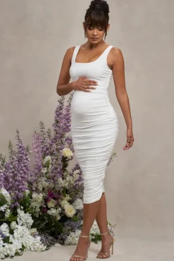Lisbon | White Maternity Square Neck Ruched Midi Dress