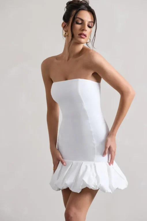 Liscia | White Bandeau Mini Dress With Ruffle Trim