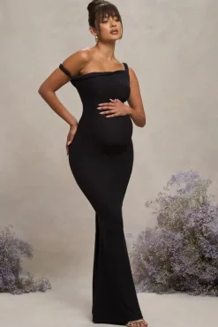 Lita | Black Twisted Asymmetric Maternity Maxi Dress