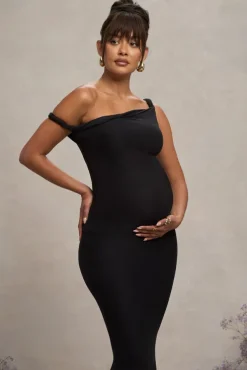 Lita | Black Twisted Asymmetric Maternity Maxi Dress