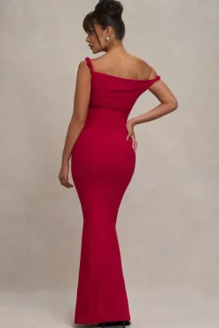 Lita | Red Twisted Asymmetric Maternity Maxi Dress