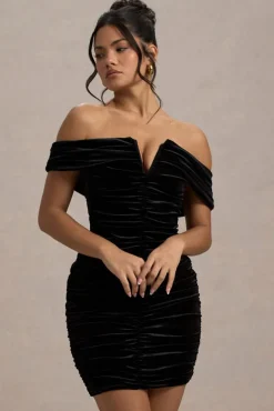 Little Glint | Black Velvet Ruched Bardot V-Neck Mini Dress