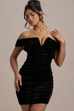 Little Glint | Black Velvet Ruched Bardot V-Neck Mini Dress