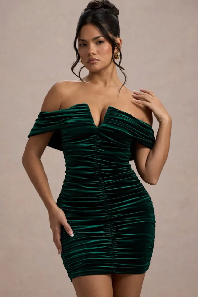 Little Glint | Bottle Green Velvet Ruched Bardot V-Neck Mini Dress
