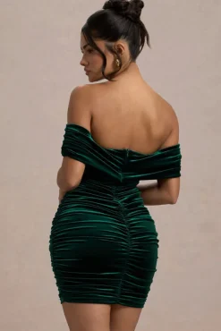 Little Glint | Bottle Green Velvet Ruched Bardot V-Neck Mini Dress