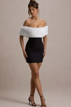 Little Luxe | Black Bardot Mini Dress With White Fur Trim