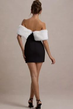 Little Luxe | Black Bardot Mini Dress With White Fur Trim