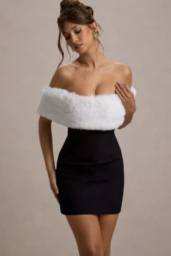 Little Luxe | Black Bardot Mini Dress With White Fur Trim