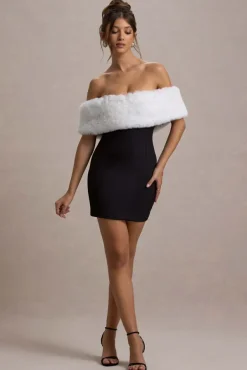 Little Luxe | Black Bardot Mini Dress With White Fur Trim
