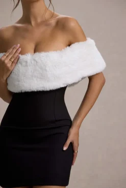 Little Luxe | Black Bardot Mini Dress With White Fur Trim