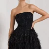 Little Wish | Black Sequin Lace Strapless Mini Dress With Feathers