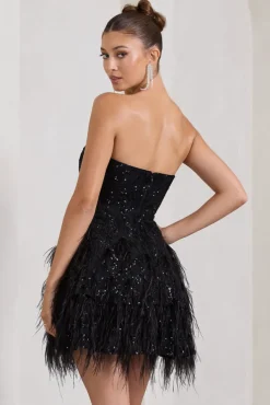 Little Wish | Black Sequin Lace Strapless Mini Dress With Feathers