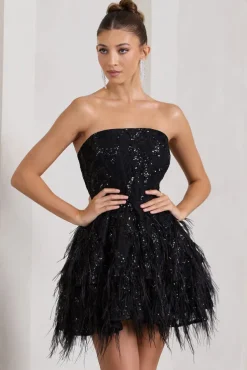 Little Wish | Black Sequin Lace Strapless Mini Dress With Feathers