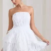 Little Wish | White Sequin Lace Strapless Mini Dress With Feathers
