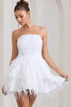 Little Wish | White Sequin Lace Strapless Mini Dress With Feathers
