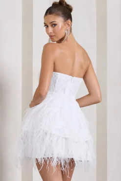 Little Wish | White Sequin Lace Strapless Mini Dress With Feathers