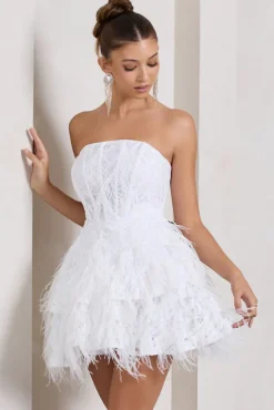 Little Wish | White Sequin Lace Strapless Mini Dress With Feathers