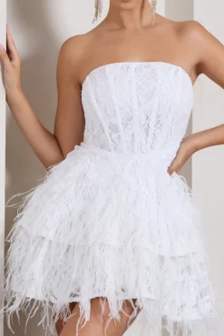 Little Wish | White Sequin Lace Strapless Mini Dress With Feathers