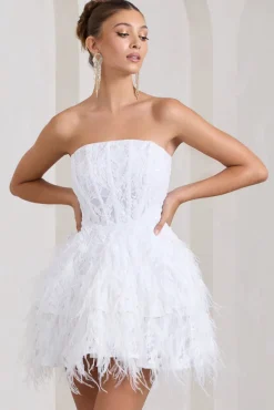 Little Wish | White Sequin Lace Strapless Mini Dress With Feathers