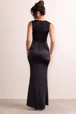 Lola | Black Satin Reverse Sweetheart Lace Overlay Maxi Dress With Diamante Trim