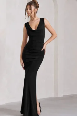 Lolita | Black Ruched Cowl-Neck Sleeveless Maxi Dress